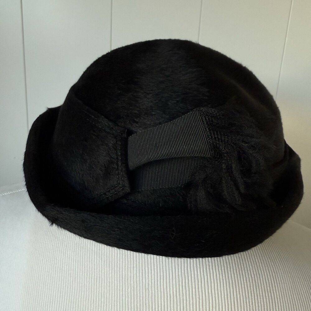 I. Magnin Vintage 40s 50s Black Wool Half Hat Tassel Scarf Fascinator Italy - Picture 11 of 13